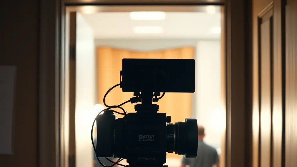 a cinema camera on a tripod in a doorway