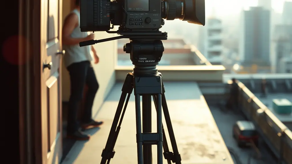 a cinema camera on a tripod in a doorway