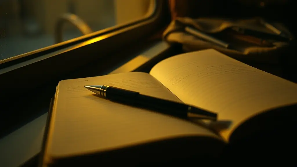 a pen resting on an open notebook beside a window at first light