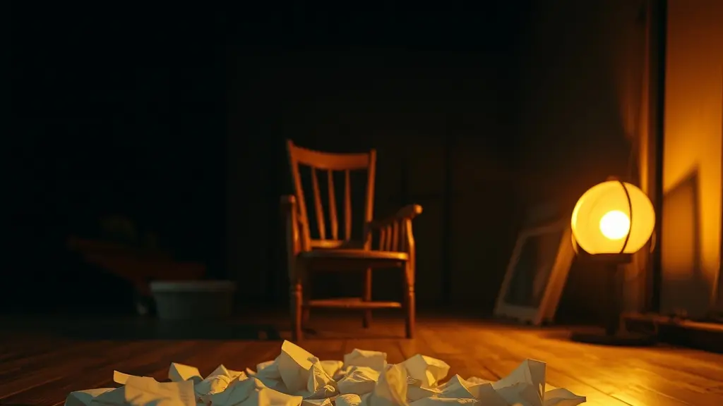 crumpled pages on a wooden floor beside a chair