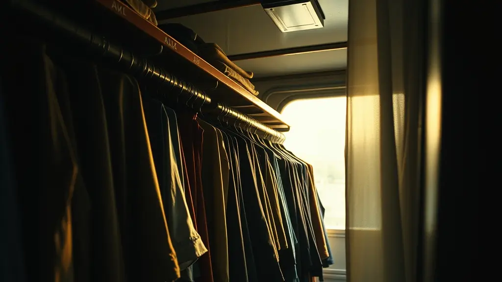 a costume rack in a cramped wardrobe trailer