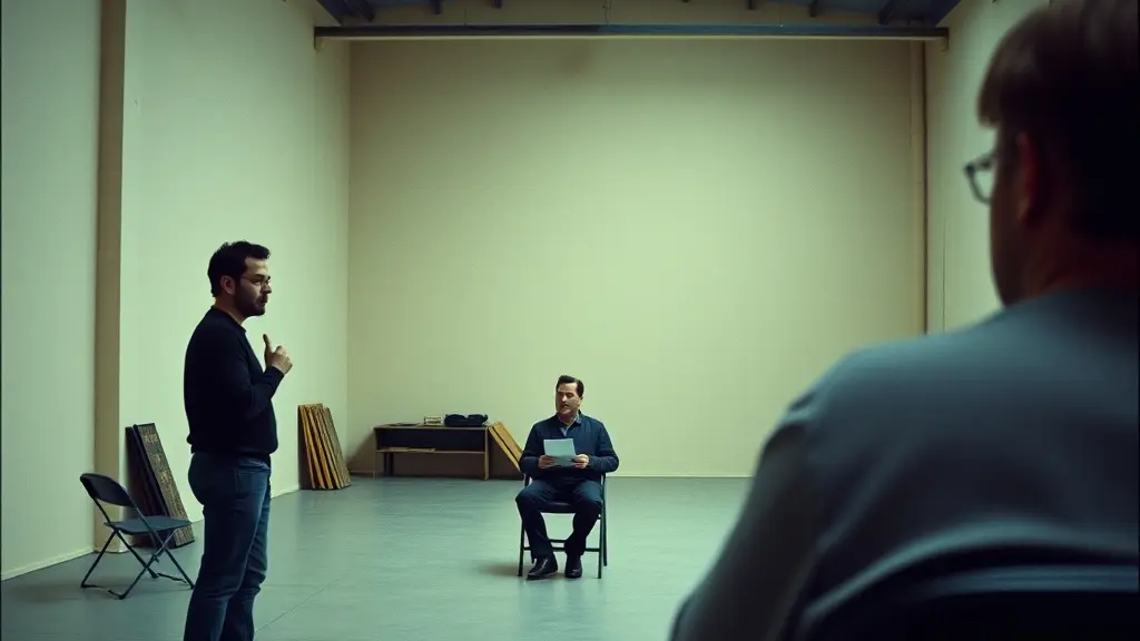 two actors rehearsing in an empty room
