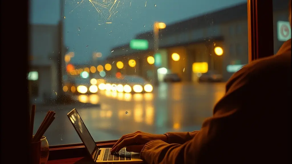 a writer at a café window at night