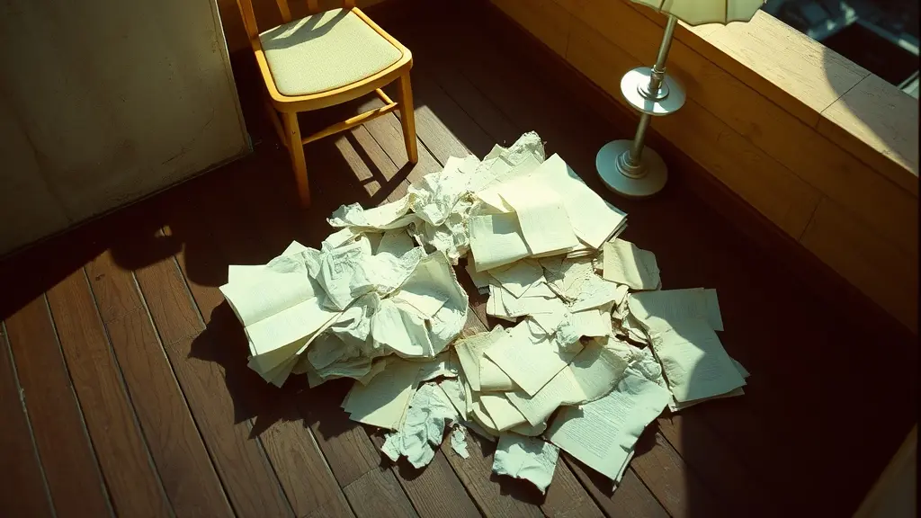 crumpled pages on a wooden floor beside a chair