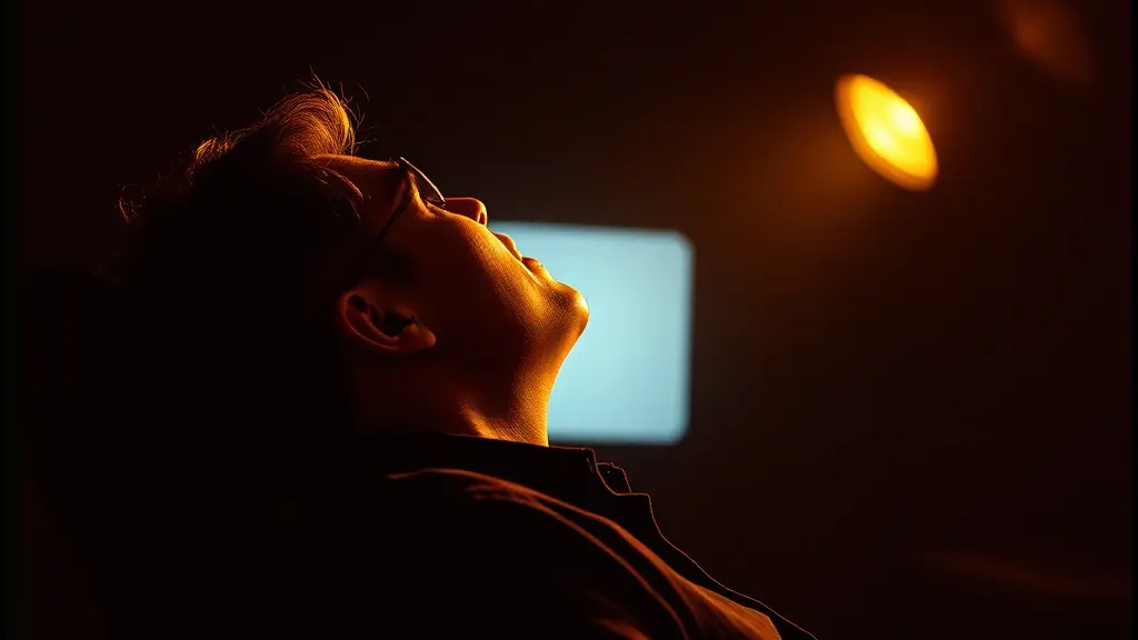an editor leaning back in a dark room