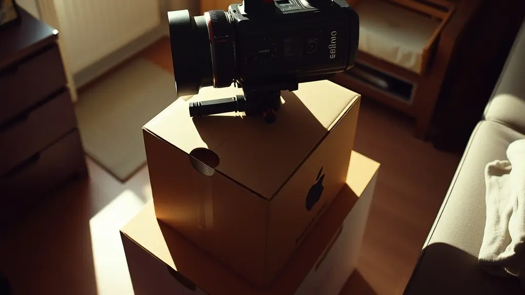 a handheld camera rig resting on an apple box between takes