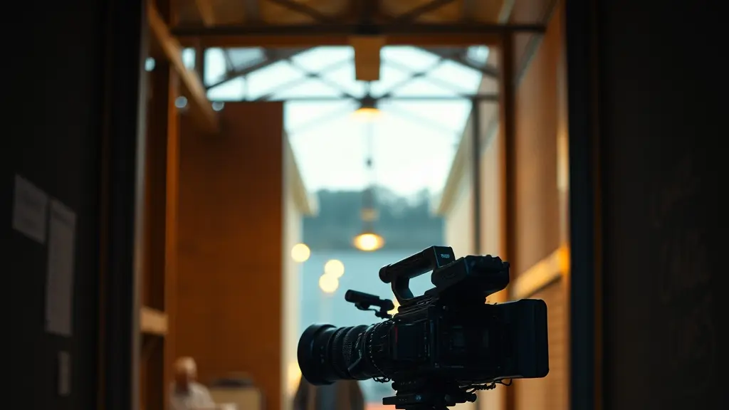 a cinema camera on a tripod in a doorway