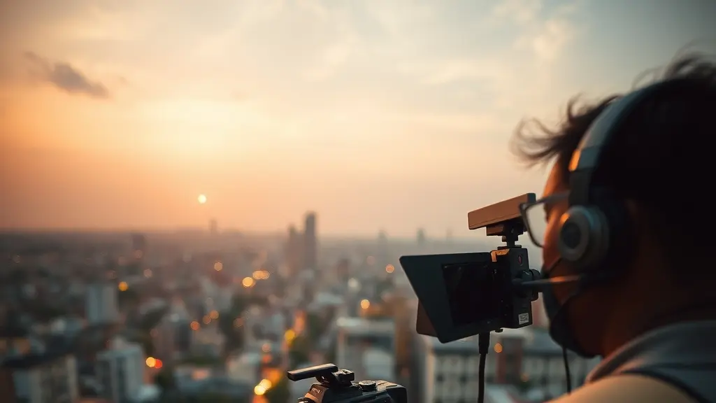 a camera operator on a rooftop at dusk