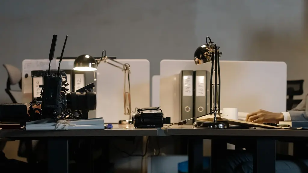 a producer at a desk under a single lamp